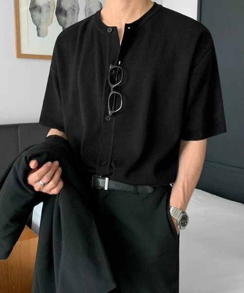 Otte(オッテ)の「コリアンニットポロTシャツ(Tシャツ/カットソー・メンズ・ブラック/グレー・MEDIUM/LARGE)」の1枚目の写真