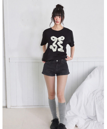 フォルディッドリボンプリント半袖Tシャツブラック