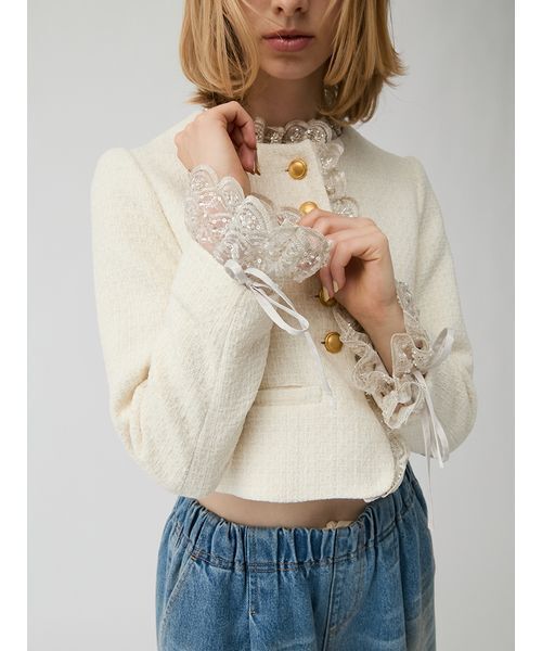 LILY BROWN（リリーブラウン）の「[L.B CANDY STOCK] ビジューアタッチドクラシックジャケット（ノーカラージャケット・レディース・ブラック/ホワイト/チェック/ブルー・F）」の12枚目の写真