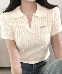 プレート付ポロ衿スキッパー半袖サマーニットトップス