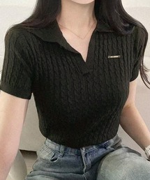 プレート付ポロ衿スキッパー半袖サマーニットトップス