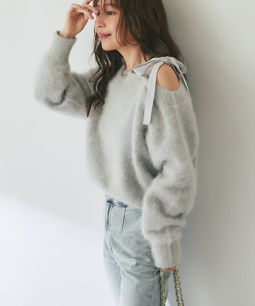 La boutique BonBon（ラブティックボンボン）の「【最強愛されニット】へアリーウールカシミヤ混ワンショルリボンニット（ニット/セーター・レディース・ネイビー/ライトグレー/ピンク・FREE）」の13枚目の写真