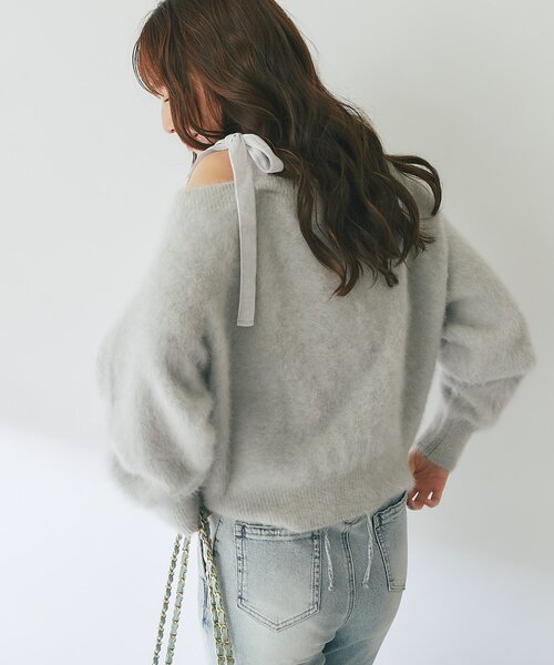 La boutique BonBon（ラブティックボンボン）の「【最強愛されニット】へアリーウールカシミヤ混ワンショルリボンニット（ニット/セーター・レディース・ネイビー/ライトグレー/ピンク・FREE）」の14枚目の写真