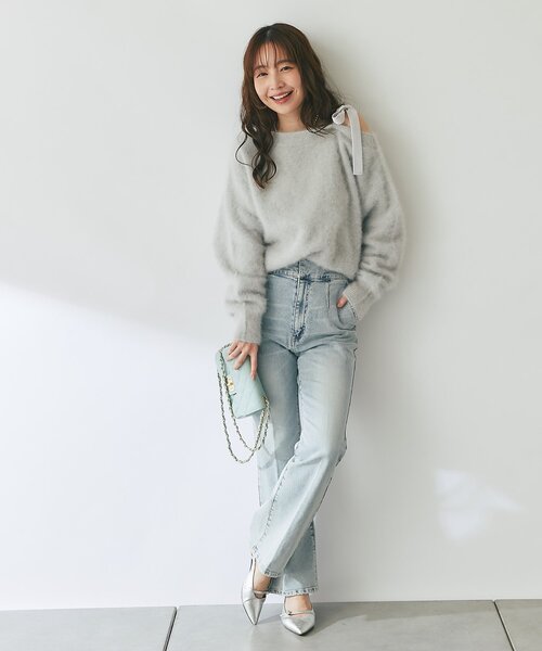 La boutique BonBon（ラブティックボンボン）の「【最強愛されニット】へアリーウールカシミヤ混ワンショルリボンニット（ニット/セーター・レディース・ネイビー/ライトグレー/ピンク・FREE）」の17枚目の写真