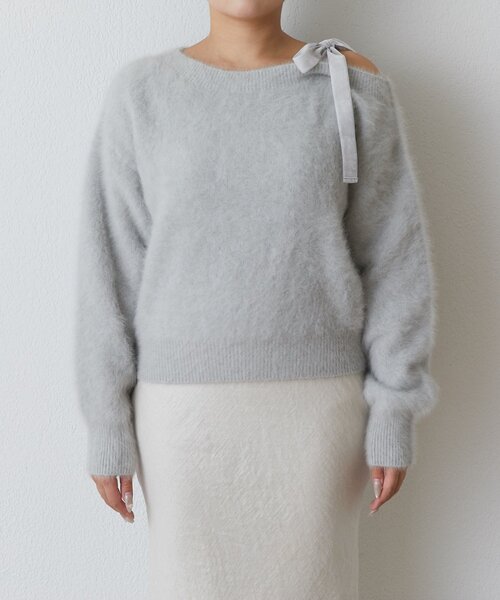 La boutique BonBon（ラブティックボンボン）の「【最強愛されニット】へアリーウールカシミヤ混ワンショルリボンニット（ニット/セーター・レディース・ネイビー/ライトグレー/ピンク・FREE）」の20枚目の写真
