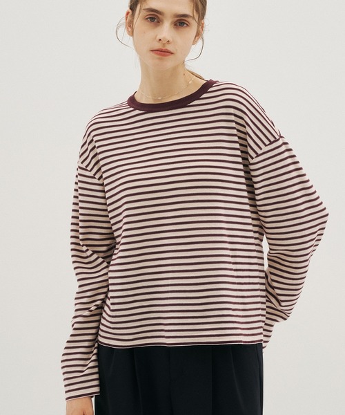 PUBLIC TOKYO(パブリックトウキョウ)の「【26年秋新作】ボーダークルーネックニットTEE/ボーダーロンT(Tシャツ/カットソー・レディース・グレー/レッド系その他・FREE)」の1枚目の写真
