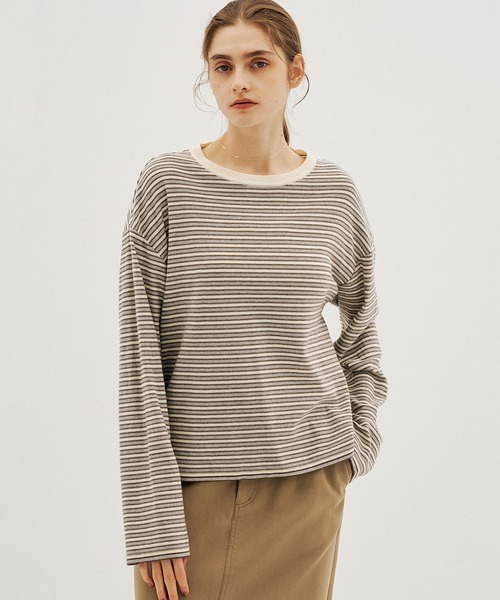 PUBLIC TOKYO(パブリックトウキョウ)の「【26年秋新作】ボーダークルーネックニットTEE/ボーダーロンT(Tシャツ/カットソー・レディース・グレー/レッド系その他・FREE)」の5枚目の写真