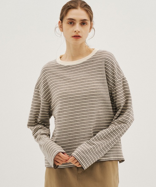 PUBLIC TOKYO(パブリックトウキョウ)の「【26年秋新作】ボーダークルーネックニットTEE/ボーダーロンT(Tシャツ/カットソー・レディース・グレー/レッド系その他・FREE)」の6枚目の写真