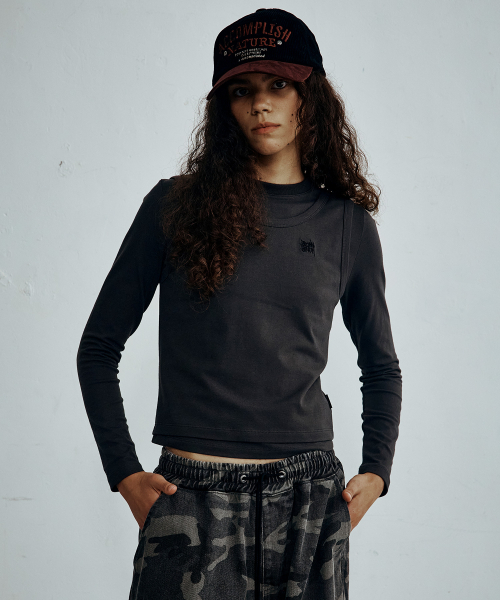 BROWNBREATH(ブラウンブレス)の「W ツーレイヤーロングスリーブ(Tシャツ/カットソー・レディース・チャコール/ベージュ・MEDIUM/SMALL)」の6枚目の写真