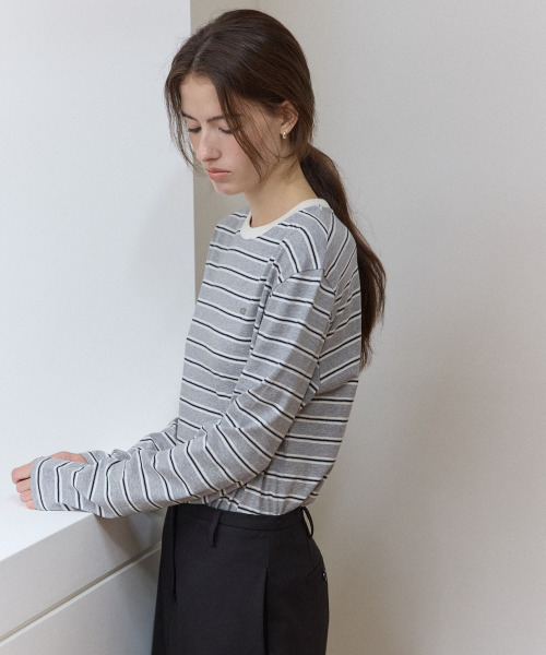 OURHOPE（アワーホープ）の「マルチストライプロゴスリーブTシャツ - メランジェグレー（Tシャツ/カットソー・レディース・ライトグレー・ONE）」の3枚目の写真