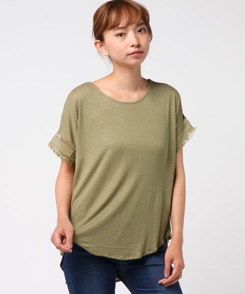 e.r.g*（イーアールジー）の「袖フリンジフェイクレイヤード（Tシャツ/カットソー・レディース・ブラック/カーキ/オレンジ/オフホワイト/イエロー・M）」の14枚目の写真