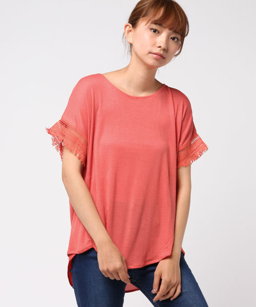 e.r.g*（イーアールジー）の「袖フリンジフェイクレイヤード（Tシャツ/カットソー・レディース・ブラック/カーキ/オレンジ/オフホワイト/イエロー・M）」の5枚目の写真