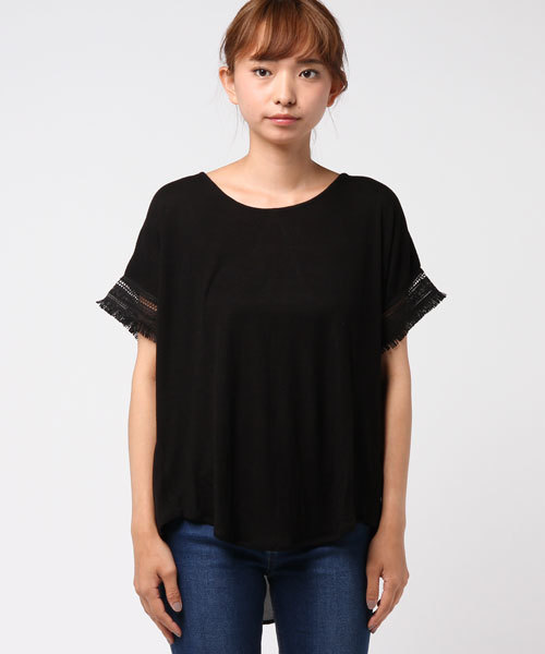 e.r.g*（イーアールジー）の「袖フリンジフェイクレイヤード（Tシャツ/カットソー・レディース・ブラック/カーキ/オレンジ/オフホワイト/イエロー・M）」の6枚目の写真