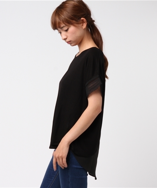 e.r.g*（イーアールジー）の「袖フリンジフェイクレイヤード（Tシャツ/カットソー・レディース・ブラック/カーキ/オレンジ/オフホワイト/イエロー・M）」の7枚目の写真