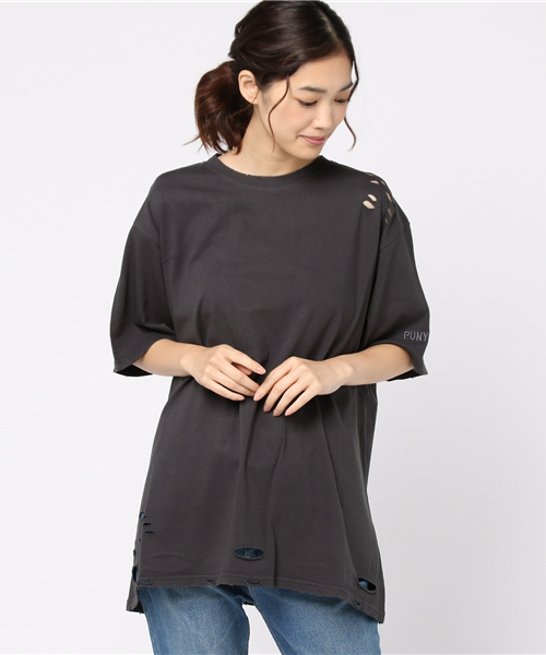 PUNYUS（プニュズ）の「クラッシュTシャツ（Tシャツ/カットソー・レディース・ワイン/ピンク/マスタード/スミクロ/ホワイト/ブラック・3/4）」の8枚目の写真