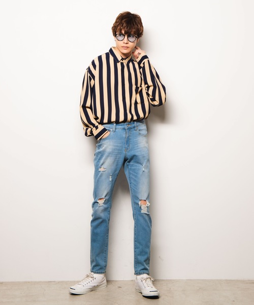 WEGO（ウィゴー）の「WEGO/ワイドストライプビッグシルエットシャツ（シャツ/ブラウス・メンズ・ホワイト系その他4/ブラック系その他4/ベージュ系その他4・MEDIUM/LARGE）」の7枚目の写真