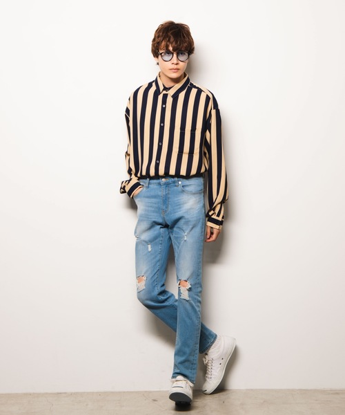 WEGO（ウィゴー）の「WEGO/ワイドストライプビッグシルエットシャツ（シャツ/ブラウス・メンズ・ホワイト系その他4/ブラック系その他4/ベージュ系その他4・MEDIUM/LARGE）」の17枚目の写真