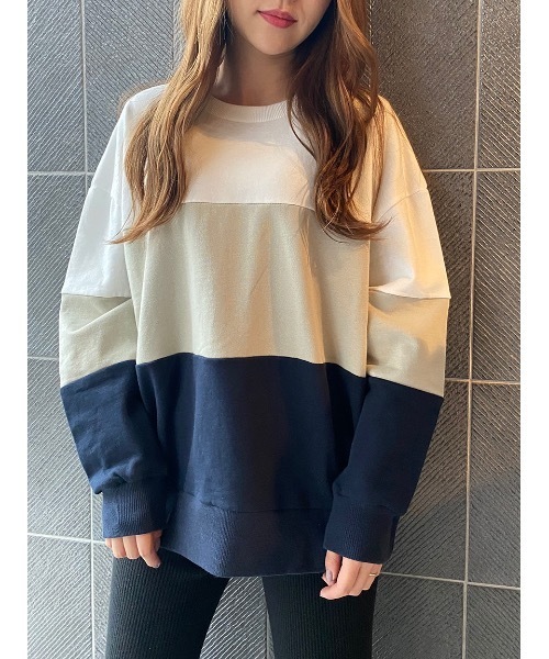 one way(ワンウェイ)の「3配色裏毛トップス(Tシャツ/カットソー)」|ライトグリーン
