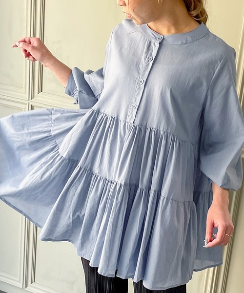 JUNOAH（ジュノア）の「ボリュームスリーブティアードブラウス（シャツ/ブラウス・レディース・ホワイト/ブラック/グリーン/グレイッシュベージュ/チャコール/ピンク/ブルー/グレー/ネイビー/ミント・FREE）」の9枚目の写真