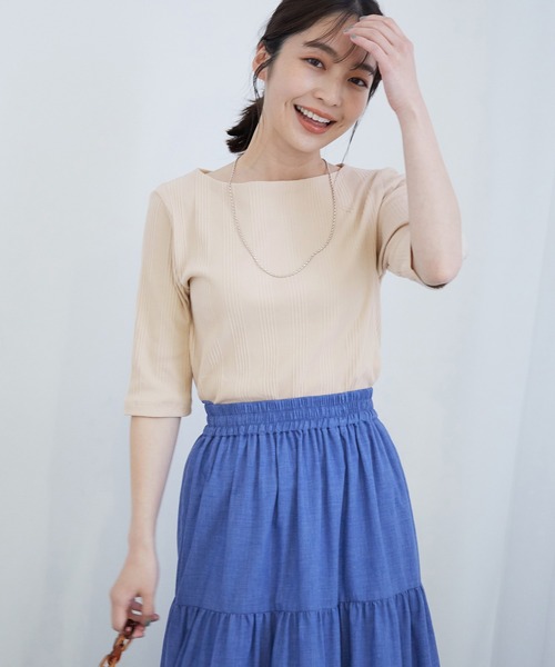 VIS（ビス）の「ランダムテレコ５分袖プルオーバー（Tシャツ/カットソー・レディース・ブラック/ベージュ/オフホワイト/サックスブルー・FREE）」の4枚目の写真