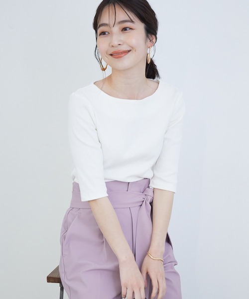 VIS（ビス）の「ランダムテレコ５分袖プルオーバー（Tシャツ/カットソー・レディース・ブラック/ベージュ/オフホワイト/サックスブルー・FREE）」の2枚目の写真