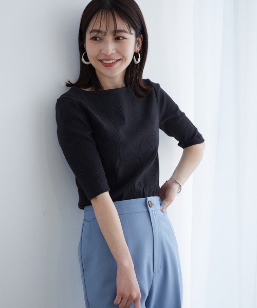 VIS（ビス）の「ランダムテレコ５分袖プルオーバー（Tシャツ/カットソー・レディース・ブラック/ベージュ/オフホワイト/サックスブルー・FREE）」の3枚目の写真