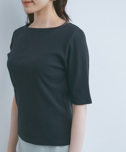 VIS（ビス）の「ランダムテレコ５分袖プルオーバー（Tシャツ/カットソー・レディース・ブラック/ベージュ/オフホワイト/サックスブルー・FREE）」の5枚目の写真