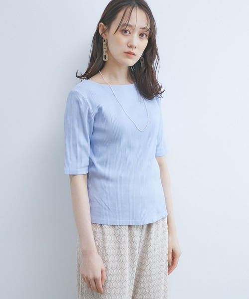 VIS（ビス）の「ランダムテレコ５分袖プルオーバー（Tシャツ/カットソー・レディース・ブラック/ベージュ/オフホワイト/サックスブルー・FREE）」の17枚目の写真