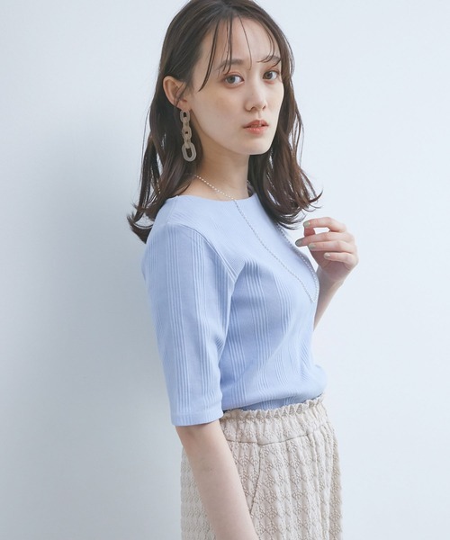 VIS（ビス）の「ランダムテレコ５分袖プルオーバー（Tシャツ/カットソー・レディース・ブラック/ベージュ/オフホワイト/サックスブルー・FREE）」の12枚目の写真