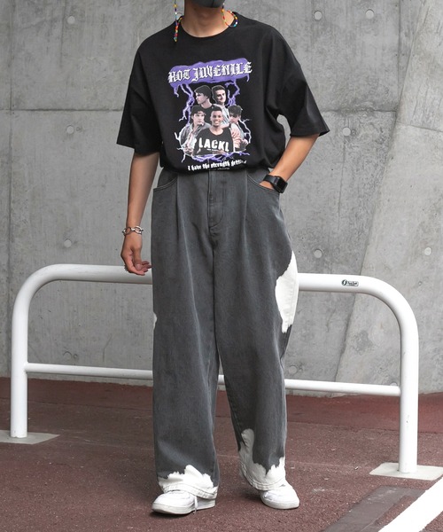 スビ/T-Pablow着/テーパードスリムデニムパンツ/ブリーチ・グランジ加工 デニムパンツ メンズ ジョガーパンツ ビンテージ加工 ストレッチ