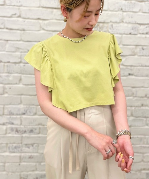 CIAOPANIC（チャオパニック）の「袖フリルデザインクロップドTシャツ（Tシャツ/カットソー・レディース・ホワイト/ブラック/ブルー/ライトグリーン・FREE）」の3枚目の写真