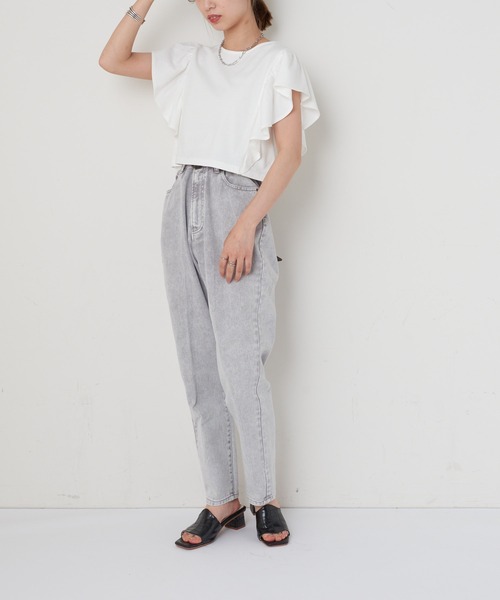 CIAOPANIC（チャオパニック）の「袖フリルデザインクロップドTシャツ（Tシャツ/カットソー・レディース・ホワイト/ブラック/ブルー/ライトグリーン・FREE）」の16枚目の写真