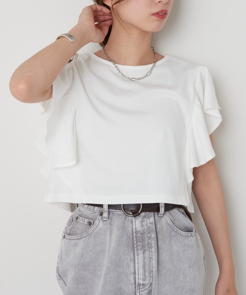 CIAOPANIC（チャオパニック）の「袖フリルデザインクロップドTシャツ（Tシャツ/カットソー・レディース・ホワイト/ブラック/ブルー/ライトグリーン・FREE）」の7枚目の写真