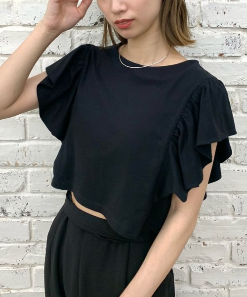 CIAOPANIC（チャオパニック）の「袖フリルデザインクロップドTシャツ（Tシャツ/カットソー・レディース・ホワイト/ブラック/ブルー/ライトグリーン・FREE）」の18枚目の写真