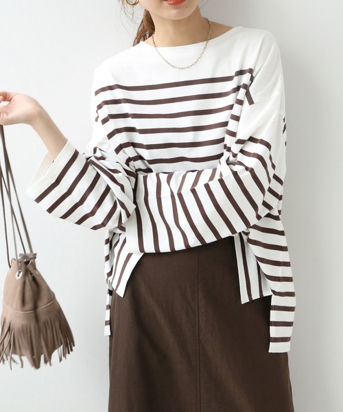 JOURNAL STANDARD relume(ジャーナルスタンダード レリューム)の「パネルボーダーボートネックTEE◆(Tシャツ/カットソー・レディース・ネイビー/ブラウン/オレンジ・FREE)」の2枚目の写真