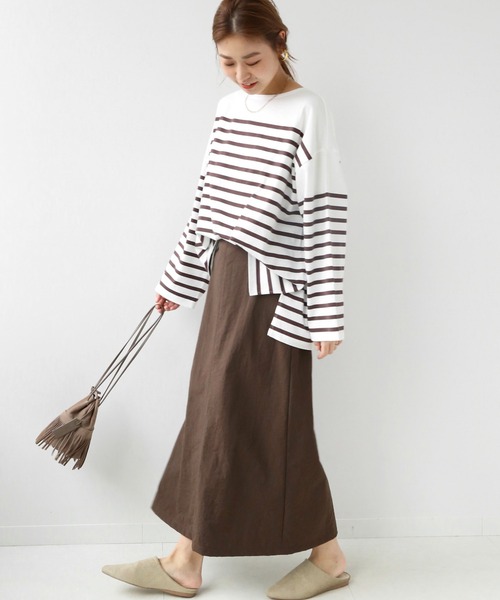 JOURNAL STANDARD relume(ジャーナルスタンダード レリューム)の「パネルボーダーボートネックTEE◆(Tシャツ/カットソー・レディース・ネイビー/ブラウン/オレンジ・FREE)」の6枚目の写真