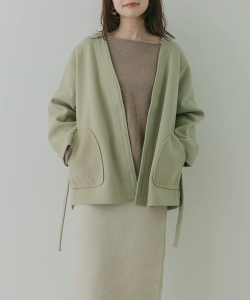 KBF+（ケービーエフプラス）の「KBF+　カシュクールミドルコート∴（ノーカラージャケット・レディース・ブラウン/アイボリー/グリーン系その他・ONE）」の3枚目の写真