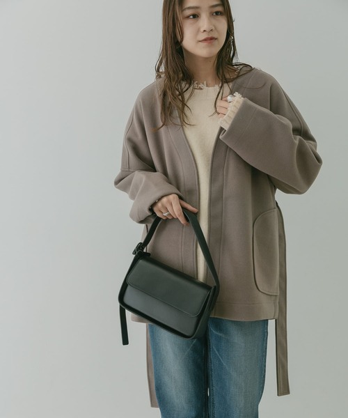 KBF+（ケービーエフプラス）の「KBF+　カシュクールミドルコート∴（ノーカラージャケット・レディース・ブラウン/アイボリー/グリーン系その他・ONE）」の7枚目の写真