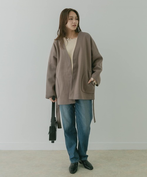 KBF+（ケービーエフプラス）の「KBF+　カシュクールミドルコート∴（ノーカラージャケット・レディース・ブラウン/アイボリー/グリーン系その他・ONE）」の16枚目の写真