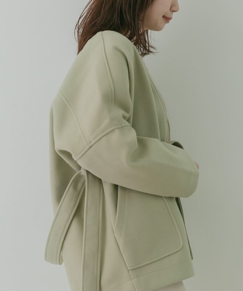KBF+（ケービーエフプラス）の「KBF+　カシュクールミドルコート∴（ノーカラージャケット・レディース・ブラウン/アイボリー/グリーン系その他・ONE）」の11枚目の写真
