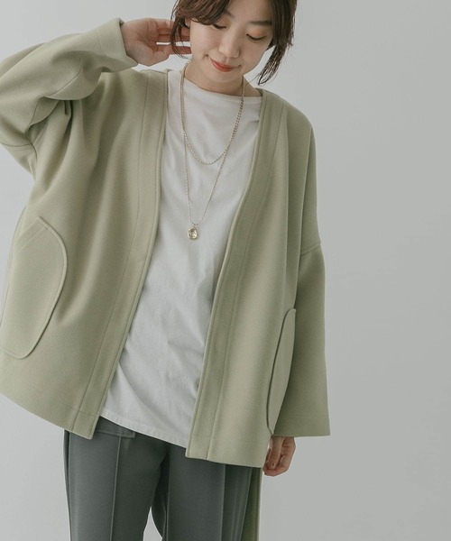 KBF+（ケービーエフプラス）の「KBF+　カシュクールミドルコート∴（ノーカラージャケット・レディース・ブラウン/アイボリー/グリーン系その他・ONE）」の17枚目の写真