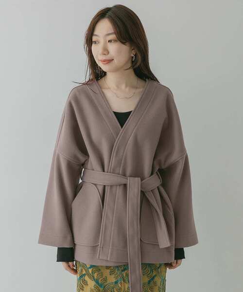 KBF+（ケービーエフプラス）の「KBF+　カシュクールミドルコート∴（ノーカラージャケット・レディース・ブラウン/アイボリー/グリーン系その他・ONE）」の14枚目の写真