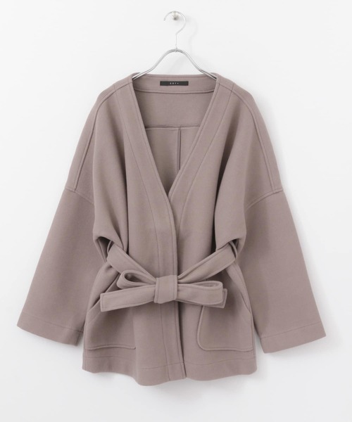 KBF+（ケービーエフプラス）の「KBF+　カシュクールミドルコート∴（ノーカラージャケット・レディース・ブラウン/アイボリー/グリーン系その他・ONE）」の20枚目の写真