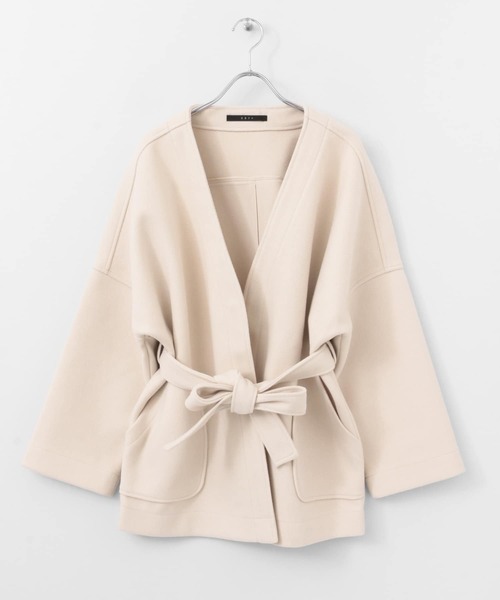 KBF+（ケービーエフプラス）の「KBF+　カシュクールミドルコート∴（ノーカラージャケット・レディース・ブラウン/アイボリー/グリーン系その他・ONE）」の12枚目の写真