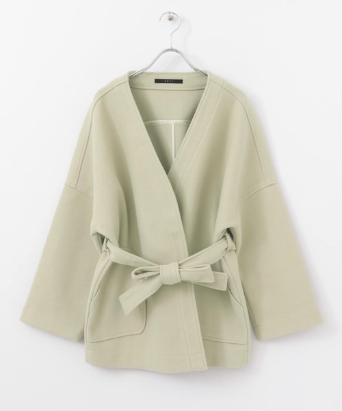 KBF+（ケービーエフプラス）の「KBF+　カシュクールミドルコート∴（ノーカラージャケット・レディース・ブラウン/アイボリー/グリーン系その他・ONE）」の9枚目の写真