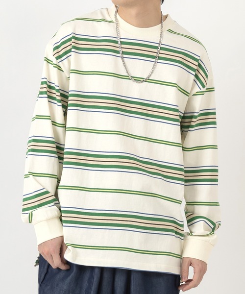 SlashDate（スラッシュデイト）の「マルチボーダーヘビーウエイトロングスリーブT/ビッグシルエット（Tシャツ/カットソー・メンズ・ホワイト/ブラック/イエロー/グリーン・M/L）」の2枚目の写真