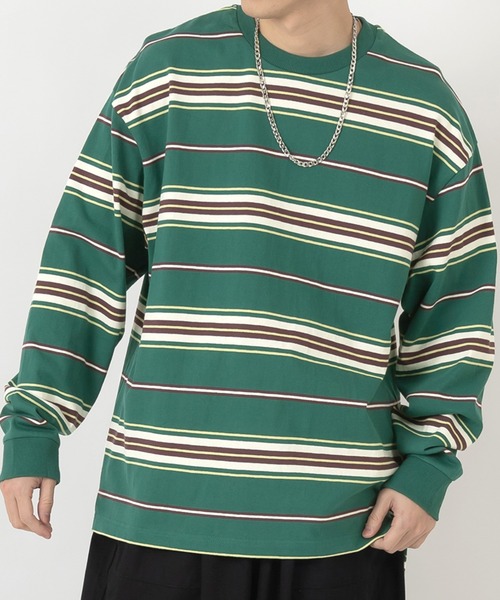 SlashDate（スラッシュデイト）の「マルチボーダーヘビーウエイトロングスリーブT/ビッグシルエット（Tシャツ/カットソー・メンズ・ホワイト/ブラック/イエロー/グリーン・M/L）」の4枚目の写真