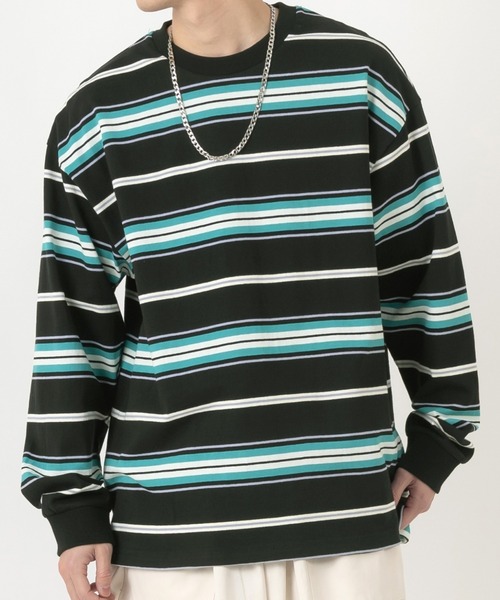 SlashDate（スラッシュデイト）の「マルチボーダーヘビーウエイトロングスリーブT/ビッグシルエット（Tシャツ/カットソー・メンズ・ホワイト/ブラック/イエロー/グリーン・M/L）」の3枚目の写真