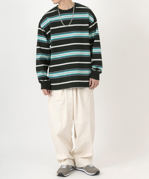 SlashDate（スラッシュデイト）の「マルチボーダーヘビーウエイトロングスリーブT/ビッグシルエット（Tシャツ/カットソー・メンズ・ホワイト/ブラック/イエロー/グリーン・M/L）」の13枚目の写真