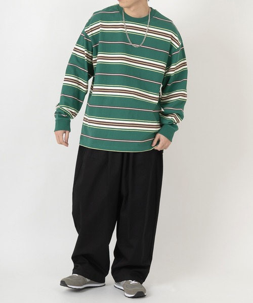 SlashDate（スラッシュデイト）の「マルチボーダーヘビーウエイトロングスリーブT/ビッグシルエット（Tシャツ/カットソー・メンズ・ホワイト/ブラック/イエロー/グリーン・M/L）」の12枚目の写真